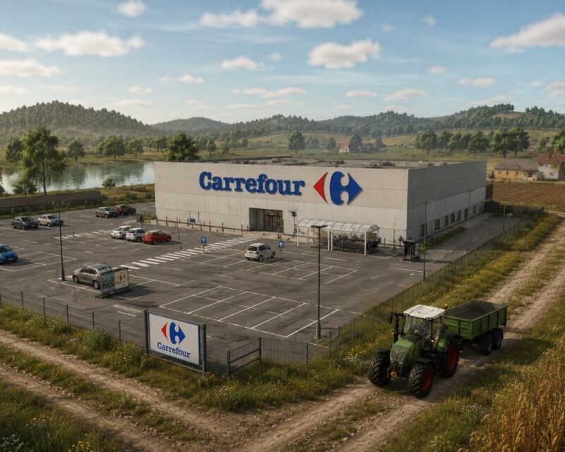 Duży supermarket Carrefour stoi pośrodku wiejskiego krajobrazu przypominającego świat gry rolniczej. Przed nowoczesnym budynkiem znajduje się rozległy parking z zaparkowanymi samochodami, wiatą na wózki oraz oznakowanymi miejscami postojowymi. W prawym dolnym rogu widoczny jest zielony ciągnik z przyczepą jadący polną drogą wzdłuż ogrodzenia marketu. W tle rozciągają się pola uprawne, jezioro, pojedyncze gospodarstwa i łagodne, zalesione wzgórza pod błękitnym niebem z niewielkimi chmurami. Obraz łączy elementy handlu detalicznego z sielskim, rolniczym otoczeniem charakterystycznym dla gier z serii Farming Simulator.