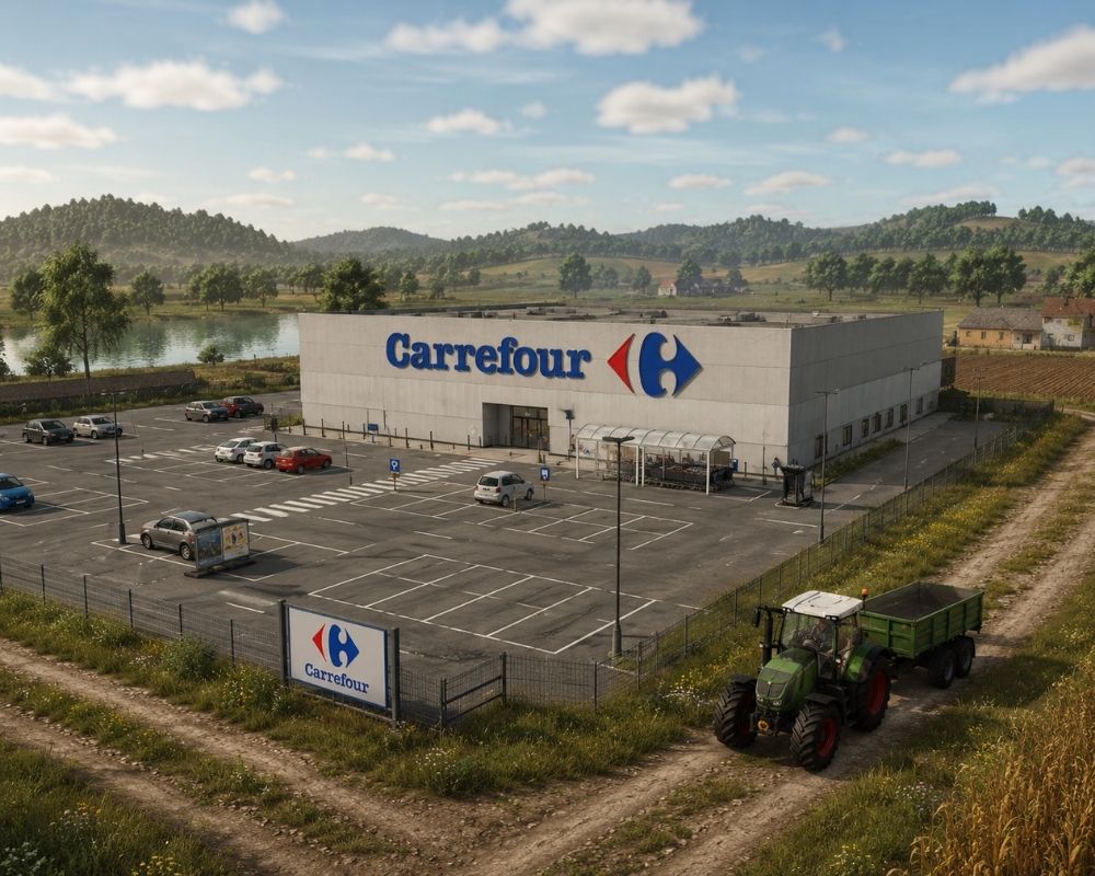 Duży supermarket Carrefour stoi pośrodku wiejskiego krajobrazu przypominającego świat gry rolniczej. Przed nowoczesnym budynkiem znajduje się rozległy parking z zaparkowanymi samochodami, wiatą na wózki oraz oznakowanymi miejscami postojowymi. W prawym dolnym rogu widoczny jest zielony ciągnik z przyczepą jadący polną drogą wzdłuż ogrodzenia marketu. W tle rozciągają się pola uprawne, jezioro, pojedyncze gospodarstwa i łagodne, zalesione wzgórza pod błękitnym niebem z niewielkimi chmurami. Obraz łączy elementy handlu detalicznego z sielskim, rolniczym otoczeniem charakterystycznym dla gier z serii Farming Simulator.