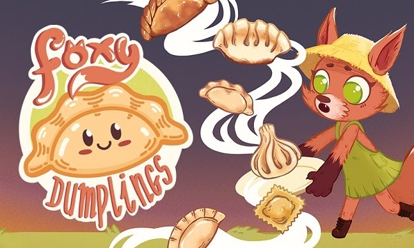 Stylizowany i ręcznie rysowany obrazek z lisem gotującym różnego rodzaju pierogi. Po lewej uśmiechnięty pierożek i logo Foxy Dumplings