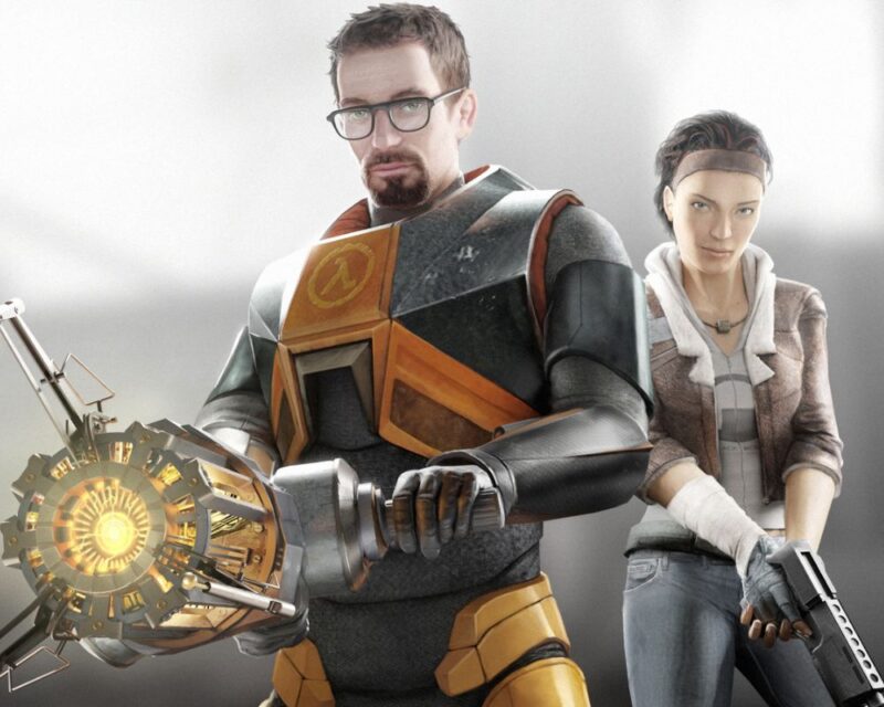 Grafika przedstawiająca Gordona Freemana i Alyx Vance z gry Half-Life 2. Gordon w pomarańczowym kombinezonie HEV trzyma działko grawitacyjne (Gravity Gun), a za nim stoi Alyx uzbrojona w pistolet. Oboje patrzą w stronę widza na jasnym, minimalistycznym tle.