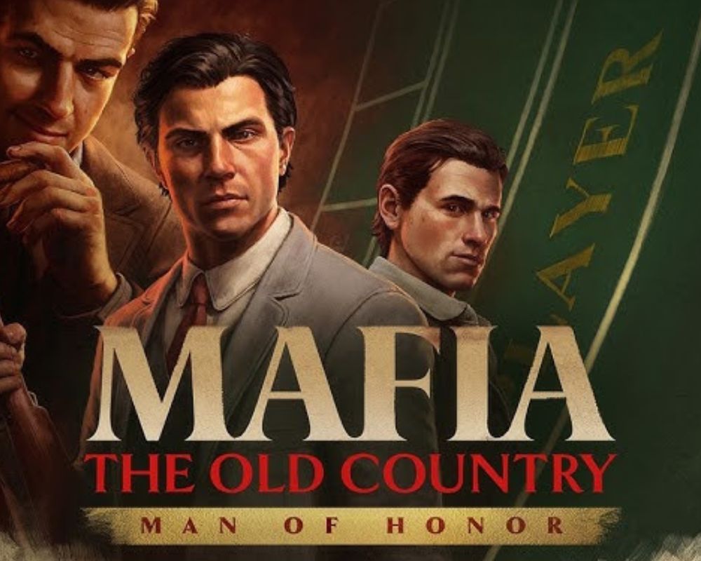 Grafika promocyjna przedstawiająca grę Mafia: The Old Country – Man of Honor z trzema elegancko ubranymi bohaterami oraz charakterystycznym logo serii Mafia na ciemnym, stylizowanym tle.