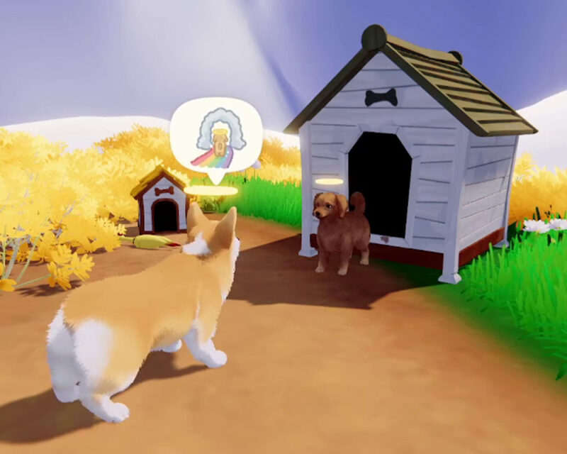 Corgi zbiera pieski na zebranie przy tęczowym moście. Zwołuje je z różnej wielkości budo-domków. Na tym obrazku dogaduje się z podobnym wielkością do niego, brązowym kundelkiem.