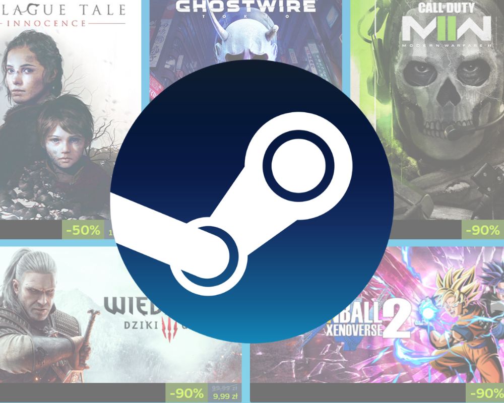 Na środku grafiki znajduje się duże, białe logo platformy Steam wpisane w ciemnoniebieskie koło. W tle, pod lekką mgłą, widać okładki popularnych gier komputerowych, takich jak „A Plague Tale: Innocence”, „Ghostwire: Tokyo”, „Call of Duty: Modern Warfare II”, „Wiedźmin 3: Dziki Gon” oraz „Dragon Ball Xenoverse 2”. Przy dolnych krawędziach gier widoczne są paski z rabatami cenowymi, m.in. „-50%” oraz „-90%”.