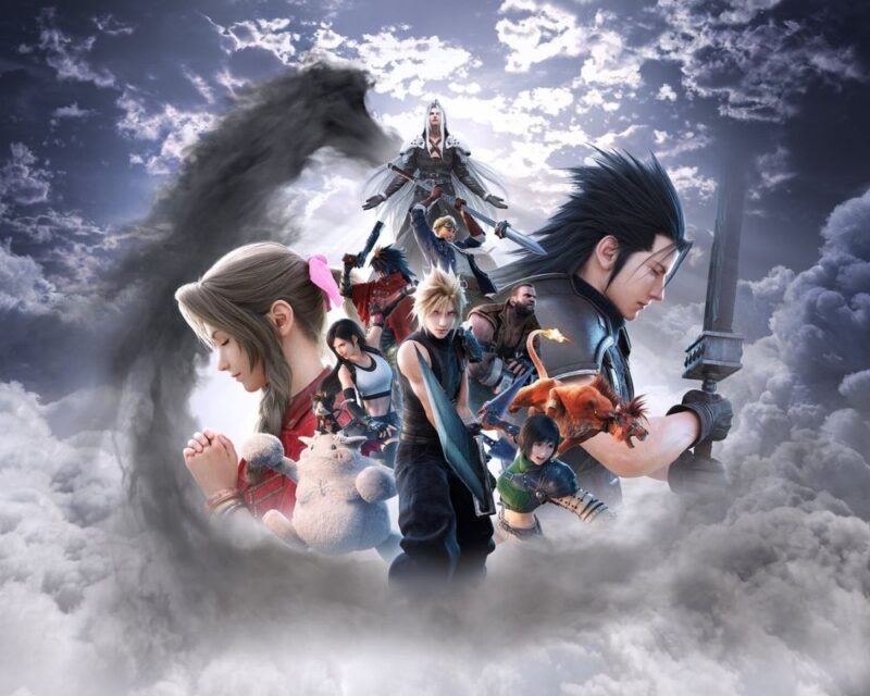 Grafika promująca Final Fantasy VII Revelation. Widzimy na niej głównych bohaterów w otoczeniu biało-szarych chmur. Z przodu stoi Cloud Strife - młody mężczyzna o strzelistych blond włosach we fioletowym kombinezonie. Trzyma wyciągnięty duży miecz. Dookoła niego jest reszta drużyny: Tifa (kobieta z długimi, czarnymi włosami, z charakterystyczną, krótką białą bluzką i krótką czarną spódnicą z szelkami, Cait Sith (mały czarny kot w koronie na większym, białym potworze), Vincent (mężczyzna z czarnymi włosami w czerwonej pelerynie), Cid (blondyn w dżinsowej kurtce), Barret (ciemnoskóry, mocno zbudowany mężczyzna), Red XIII (czerwony kotopodobny stwór z zapalonym ogonem) oraz Yuffie (kobieta z krótkimi, czarnymi włosami w zielonym swetrze). W tle po lewej widzimy Aerith (kobieta z brązowymi włosami spiętymi w warkocz różową kokardą, w czerwonej kurtce), po prawej Zacka (mężczyzna podobny do Clouda, ale z czarnymi włosami) oraz sephiroth (mężczyzna z długimi, siwymi włosami w czarnym odzieniu z jednym, szarym skrzydłem).