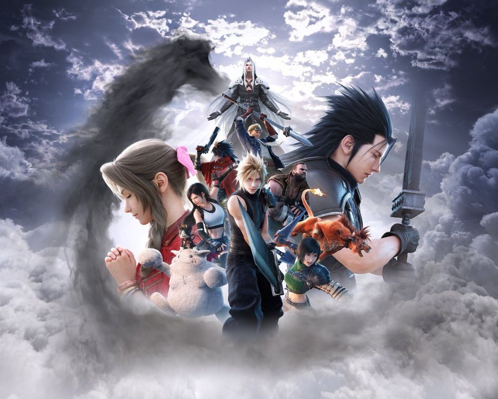 Grafika promująca Final Fantasy VII Revelation. Widzimy na niej głównych bohaterów w otoczeniu biało-szarych chmur. Z przodu stoi Cloud Strife - młody mężczyzna o strzelistych blond włosach we fioletowym kombinezonie. Trzyma wyciągnięty duży miecz. Dookoła niego jest reszta drużyny: Tifa (kobieta z długimi, czarnymi włosami, z charakterystyczną, krótką białą bluzką i krótką czarną spódnicą z szelkami, Cait Sith (mały czarny kot w koronie na większym, białym potworze), Vincent (mężczyzna z czarnymi włosami w czerwonej pelerynie), Cid (blondyn w dżinsowej kurtce), Barret (ciemnoskóry, mocno zbudowany mężczyzna), Red XIII (czerwony kotopodobny stwór z zapalonym ogonem) oraz Yuffie (kobieta z krótkimi, czarnymi włosami w zielonym swetrze). W tle po lewej widzimy Aerith (kobieta z brązowymi włosami spiętymi w warkocz różową kokardą, w czerwonej kurtce), po prawej Zacka (mężczyzna podobny do Clouda, ale z czarnymi włosami) oraz sephiroth (mężczyzna z długimi, siwymi włosami w czarnym odzieniu z jednym, szarym skrzydłem).