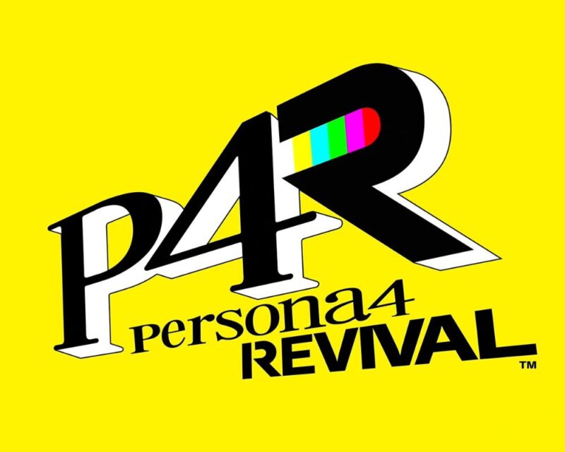 Grafika przedstawia logo gry PErsona 4 Revival na żółtym tle.
