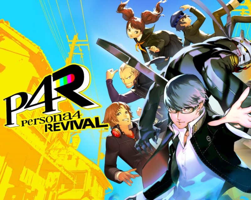 Grafika promująca grę Persona 4 Revival. Po lewej stronie widzimy logo i żółte budynki. Po prawej znajdują się bohaterowie. Począwszy od pierwszego planu widzimy protagonistę - nastolatka z szarymi włosami zaczesanymi na bok. Ma na sobie okulary oraz mundurek składający się z czarnej marynarki i białej koszuli. Za nim widzimy Yosuke - chłopaka z jasnymi, brązowymi włosami do brody. Ma ten sam, zpięty mundurek oraz pomarańczowe słuchawki. Za nim jest Kanji - chłopak z zaczesanymi do tyłu blond włosami. Marynarkę z mundurka ma na plecach a pod nią ma fioletową bluzę. Dalej widzimy Rise - dzieczynę z wiśniowymi włosami spiętymi w kucyk oraz Naoto z niebieskimi, krótkimi włosami i czapką. Obie postacie mają standardowo zapięte mundurki. Między nimi a protagonistą znajduje się jego persona - Izanagi. Przypomina on człowieka w dużym, czarnym płaszczu z szarą maską na twarzy.