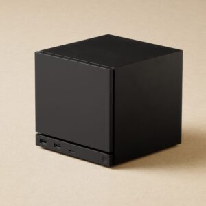 Minimalistyczne urządzenie w formie czarnego sześcianu stoi na jasnym, neutralnym tle. Matowa obudowa ma prosty, nowoczesny design pozbawiony ozdobników, a na przednim panelu znajdują się dwa porty USB, mniejsze złącze oraz okrągły przycisk zasilania. Kompaktowa konstrukcja przypomina niewielki komputer lub konsolę do gier zaprojektowaną z myślą o oszczędności miejsca i eleganckim wyglądzie. Zdjęcie produktowe eksponuje urządzenie z lekkiej perspektywy, podkreślając jego geometryczny kształt i minimalistyczną estetykę.