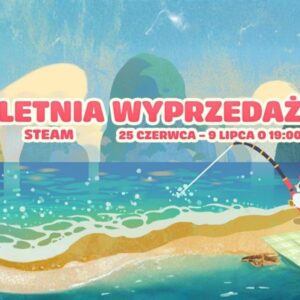 Kolorowa grafika promująca letnią wyprzedaż na Steamie. Na środku widnieje duży napis „Letnia Wyprzedaż Steam”, a poniżej podano termin wydarzenia: „25 czerwca – 9 lipca o 19:00”. Tło przedstawia słoneczną plażę z turkusowym morzem, falami i zielonymi wysepkami na horyzoncie. Po prawej stronie urocza biała kurka siedzi na kocu i trzyma wędkę zarzuconą do wody, co nadaje ilustracji wakacyjny, beztroski charakter. Dominują jasne odcienie błękitu, zieleni i piaskowego beżu.