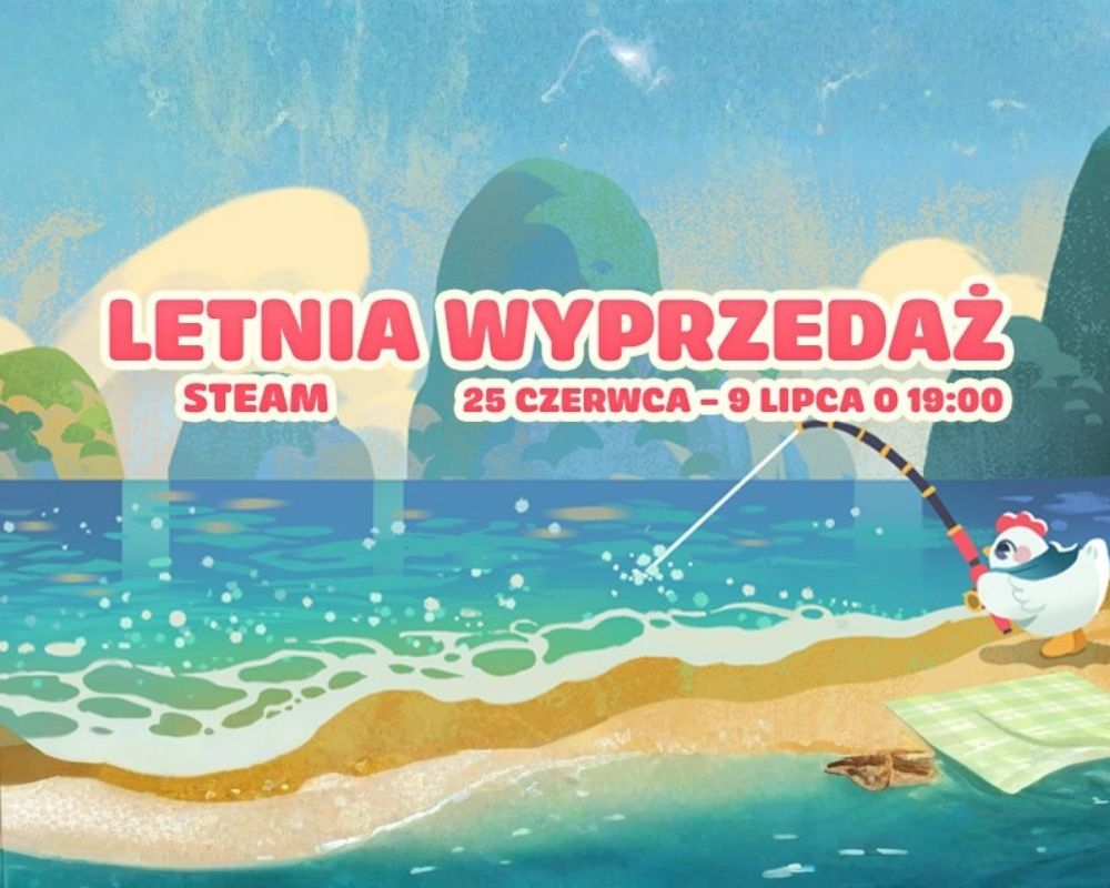 Kolorowa grafika promująca letnią wyprzedaż na Steamie. Na środku widnieje duży napis „Letnia Wyprzedaż Steam”, a poniżej podano termin wydarzenia: „25 czerwca – 9 lipca o 19:00”. Tło przedstawia słoneczną plażę z turkusowym morzem, falami i zielonymi wysepkami na horyzoncie. Po prawej stronie urocza biała kurka siedzi na kocu i trzyma wędkę zarzuconą do wody, co nadaje ilustracji wakacyjny, beztroski charakter. Dominują jasne odcienie błękitu, zieleni i piaskowego beżu.