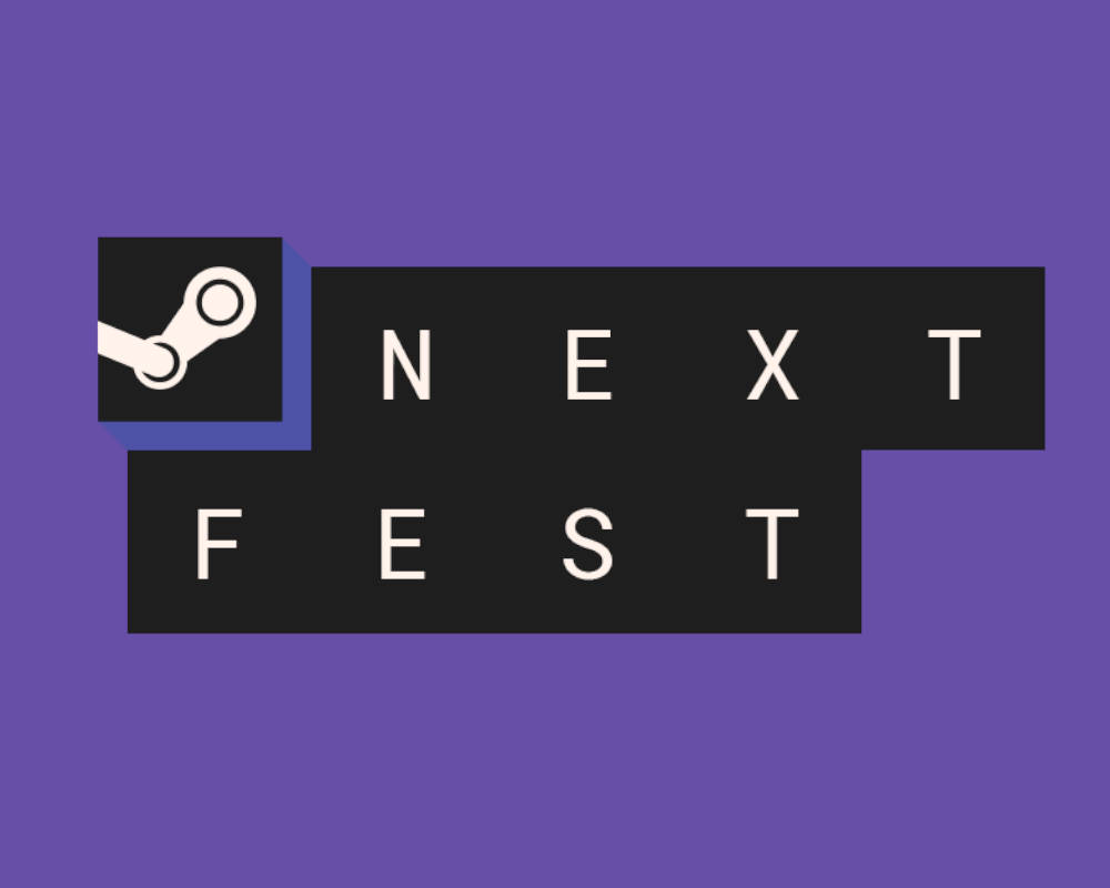 Obrazek przedstawia oficjalne logo wydarzenia "Steam Next Fest" na jednolitym, fioletowym tle. Grafika składa się z czarnych, prostokątnych bloków ułożonych w asymetryczny sposób, na których umieszczono białe elementy. W lewym górnym rogu znajduje się mniejszy kwadrat zawierający charakterystyczne, białe logo platformy Steam, przypominające mechaniczny korbowód. Po jego prawej stronie ciągnie się podłużny czarny prostokąt z napisem „NEXT”, gdzie każda z dużych liter jest wyraźnie oddzielona od pozostałych. Poniżej, przesunięty nieco w lewo, znajduje się kolejny czarny blok z analogicznie zapisanym słowem „FEST”. Całość tworzy minimalistyczną, geometryczną kompozycję o wysokim kontraście, w której czarne kafelki rzucają delikatny, ciemnofioletowy cień na jaśniejsze tło.