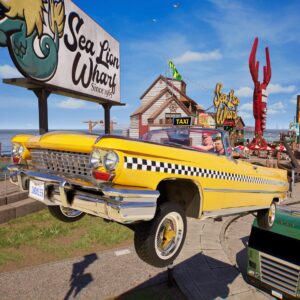 Na pierwszym planie żółta taksówka w locie, w tle ulica i miasto, kadr z zapowiedzi gry Crazy Taxi: World Tour