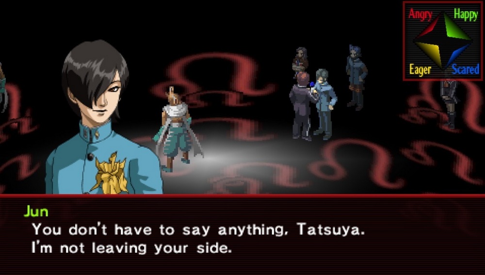 Zrzut ekranu z japońskiej gry RPG Persona 2: Innocent Sin. Na pierwszym planie widoczny jest Jun Kurosu, jedna z pierwszych pełnoprawnych postaci LGBTQ w grach. Ma ciemne włosy opadające na jedno oko i nosi jasnoniebieski mundurek szkolny z przypiętą złotą ozdobą. W tle znajdują się pikselowe sylwetki innych postaci stojących w ciemnej przestrzeni z czerwonymi, abstrakcyjnymi wzorami przypominającymi symbole zodiaku lub znaki astrologiczne.
W dolnej części ekranu znajduje się okno dialogowe. Jun zwraca się do protagonisty słowami: „You don't have to say anything, Tatsuya. I'm not leaving your side.” („Nie musisz nic mówić, Tatsuya. Nie opuszczę cię.”).