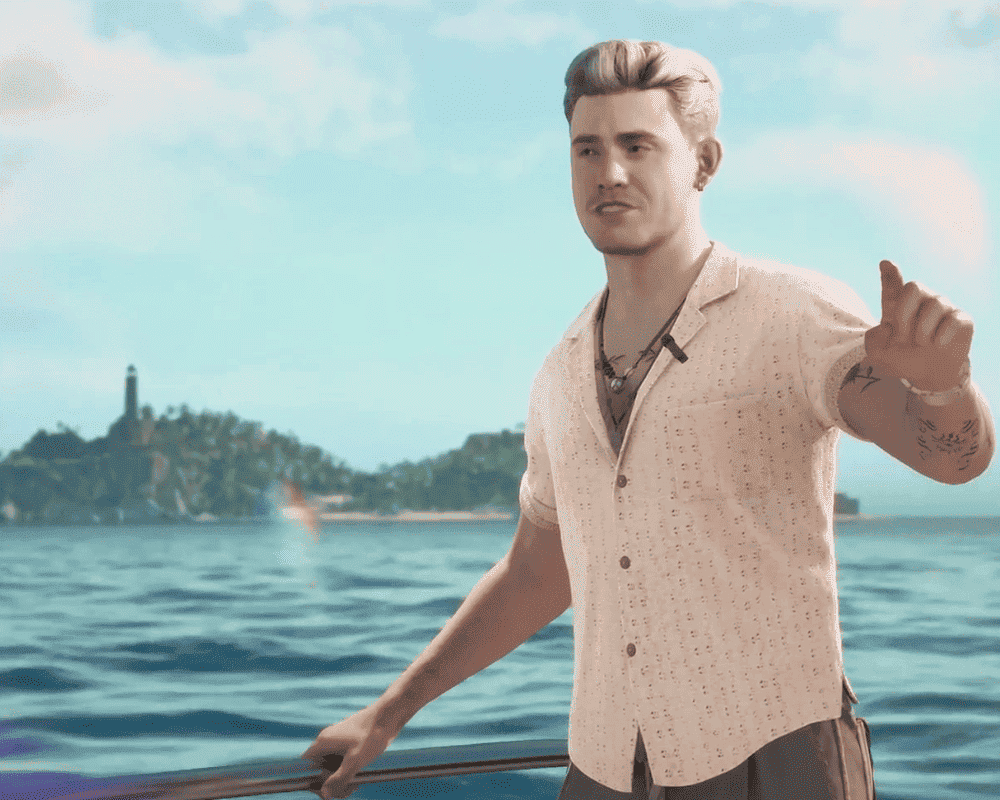 Obrazek pochodzi ze zwiastuna gry Until Dawn 2. Na pierwszym planie widzimy młodego mężczyznę ubranego w białą bawełnianą koszulą. Blondyn znajduje się na łodzi, a w tle widać tropikalną wyspę otoczoną wodą. Świeci słońce, a na obrazku dominuje kolor niebieski
