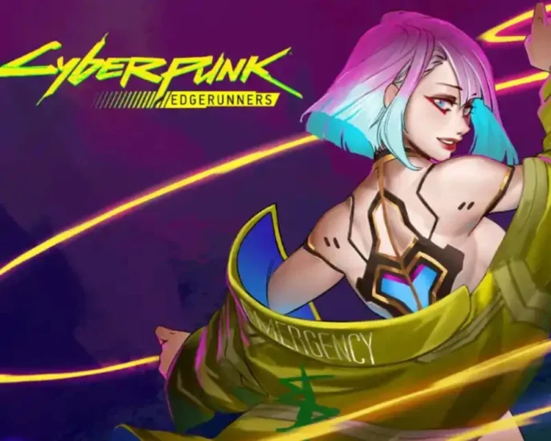 Współpraca Wuthering Waves z Cyberpunk Edgerunners — Rebecca z różowo-niebieskimi włosami w żółtej kurtce z napisem "Emergency" na tle fioletowego nieba i logo Cyberpunk: Edgerunners.