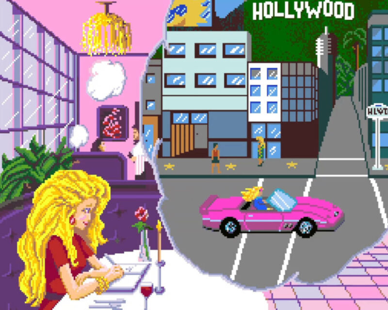 Obrazek przedstawia grafikę w stylu pixel art, utrzymaną w estetyce retro gier wideo z lat 90., która jest podzielona na dwie połączone ze sobą sceny z udziałem postaci przypominającej lalkę Barbie. Po lewej stronie widzimy wnętrze eleganckiej, różowo-fioletowej restauracji, w której blondwłosa kobieta w czerwonej bluzce siedzi przy stoliku nakrytym białym obrusem, trzymając w dłoniach otwarte menu lub notes, podczas gdy w tle unosi się dym z papierosa innej postaci, a nad całością wisi złoty żyrandol. Prawa część obrazka, oddzielona poszarpaną krawędzią przypominającą rozdarcie, ukazuje tę samą bohaterkę jadącą różowym kabrioletem przez miasto z widocznym w tle napisem „HOLLYWOOD”, wieżowcami, palmami oraz postaciami spacerującymi po chodniku z żółtymi gwiazdami, co jednoznacznie nawiązuje do słynnej Alei Gwiazd. Całość dominuje żywa, pastelowa kolorystyka z przewagą odcieni różu, fioletu i błękitu, idealnie oddająca klimat dawnych produkcji 8- i 16-bitowych.
