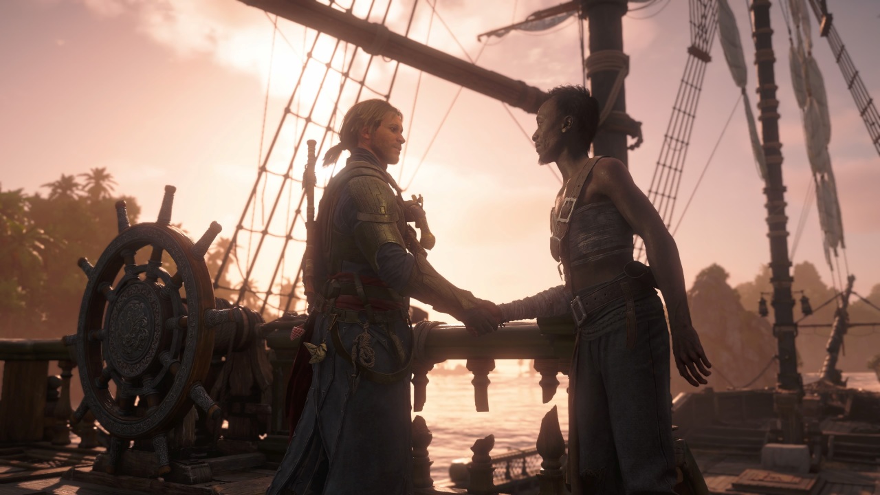 Grafika z gry Assassin's Creed Black Flag: Resynced przedstawia Edwarda Kenwaya ściskającego dłoń Umrzyka Smitha na pokładzie statku Kawka. Edward, ubrany w charakterystyczny niebiesko-brązowy strój asasyna, stoi po lewej stronie kadru z mieczem przypiętym do pasa. Naprzeciw niego znajduje się Umrzyk Smith – szczupły mężczyzna o ciemnej karnacji, krótkich włosach i prostym, ciemnym stroju odsłaniającym ramiona. Obaj bohaterowie patrzą sobie w oczy podczas uścisku dłoni.