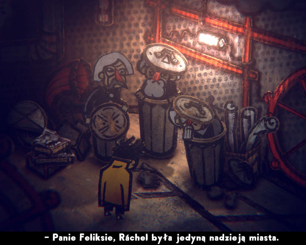 Ukazuje scenę w mrocznym, zamkniętym pomieszczeniu oświetlonym pojedynczą, podłużną lampą na ścianie. Główny bohater stoi tyłem, patrząc na grupę trzech starszych, specyficznie wyglądających mężczyzn. Jeden z nich ma siwe włosy, wąsy i czerwony nos, podczas gdy dwaj pozostali chowają się w metalowych kubłach na śmieci, używając ich pokrywek jako czapek lub tarcz. Na dole ekranu widnieje napis w języku polskim: „– Panie Feliksie, Ráchel była jedyną nadzieją miasta.”, co sugeruje, że gra ma polską wersję językową.