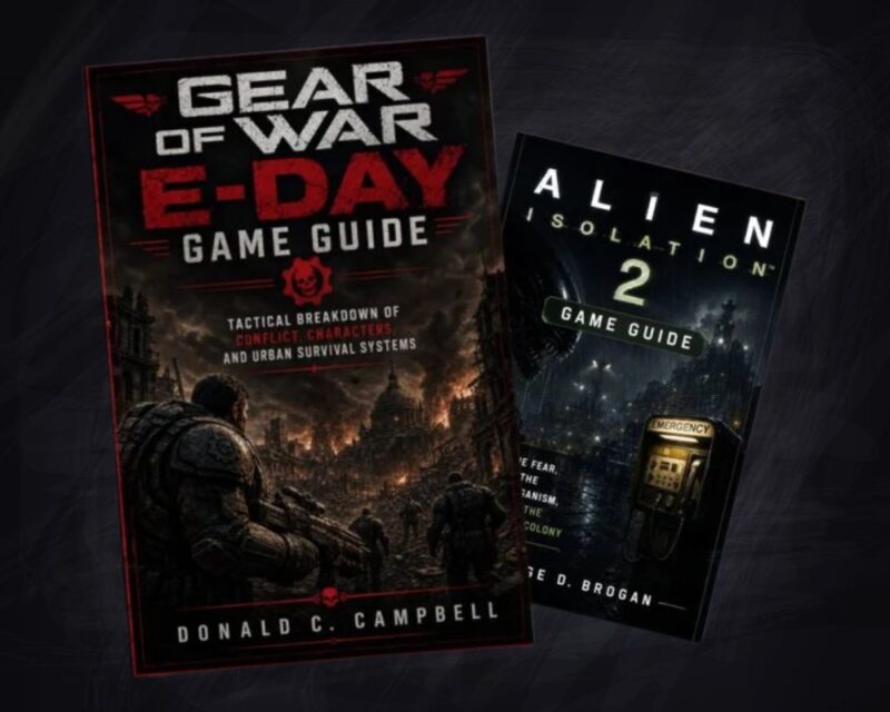 Grafika przedstawiająca okładki poradników do gier „Gears of War: E-Day” oraz „Alien: Isolation 2”. Ilustracja nawiązuje do tematu, że na stronie Amazon są fałszywe solucje do gier