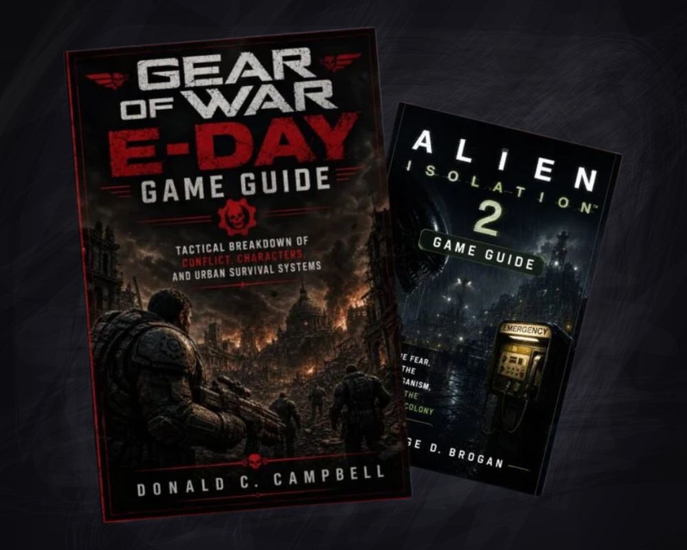 Grafika przedstawiająca okładki poradników do gier „Gears of War: E-Day” oraz „Alien: Isolation 2”. Ilustracja nawiązuje do tematu, że na stronie Amazon są fałszywe solucje do gier