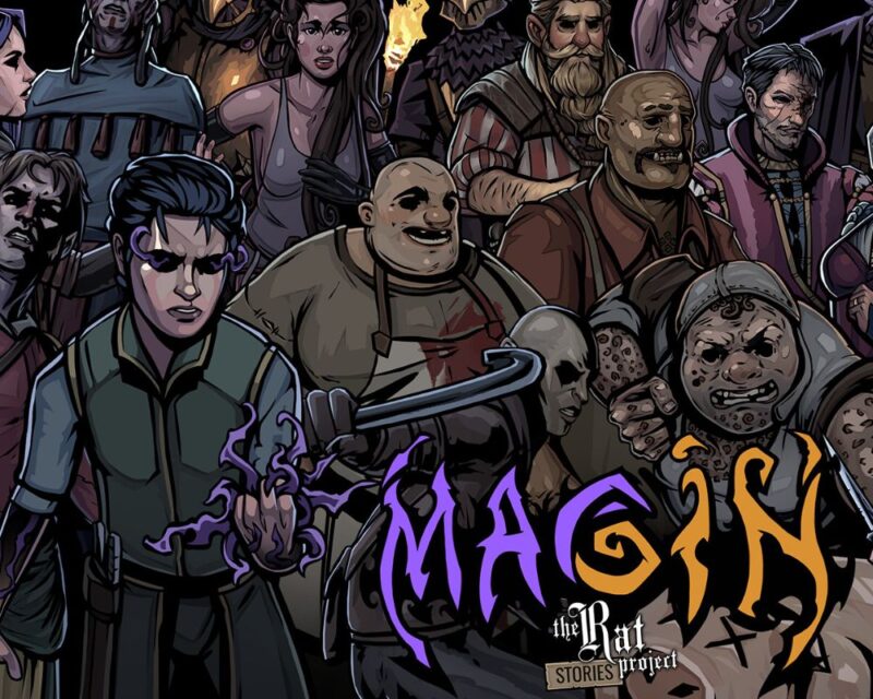 Grafika gry Magin: The Rat Project Stories. Przedstawia tłum postaci w mrocznym, komiksowym stylu na czarnym tle. Na pierwszym planie po prawej stoi czarnowłosy wojownik ze sztyletami, a po lewej chłopak władający fioletową magią. W centrum znajduje się stylizowany napis „MAGIN” oraz rysunek martwej świni. Tło wypełniają różnorodni bohaterowie: rzemieślnicy, żołnierze w hełmach i kobiety w znoszonych szatach.