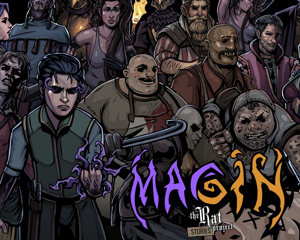Grafika gry Magin: The Rat Project Stories. Przedstawia tłum postaci w mrocznym, komiksowym stylu na czarnym tle. Na pierwszym planie po prawej stoi czarnowłosy wojownik ze sztyletami, a po lewej chłopak władający fioletową magią. W centrum znajduje się stylizowany napis „MAGIN” oraz rysunek martwej świni. Tło wypełniają różnorodni bohaterowie: rzemieślnicy, żołnierze w hełmach i kobiety w znoszonych szatach.